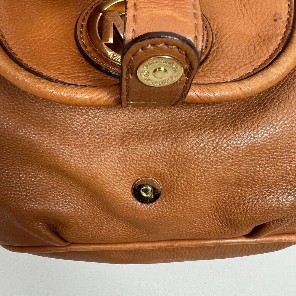 Michael Kors Leather Hobo Handbag Shoulder Bag Gold Plated Hardware Fulton Brown